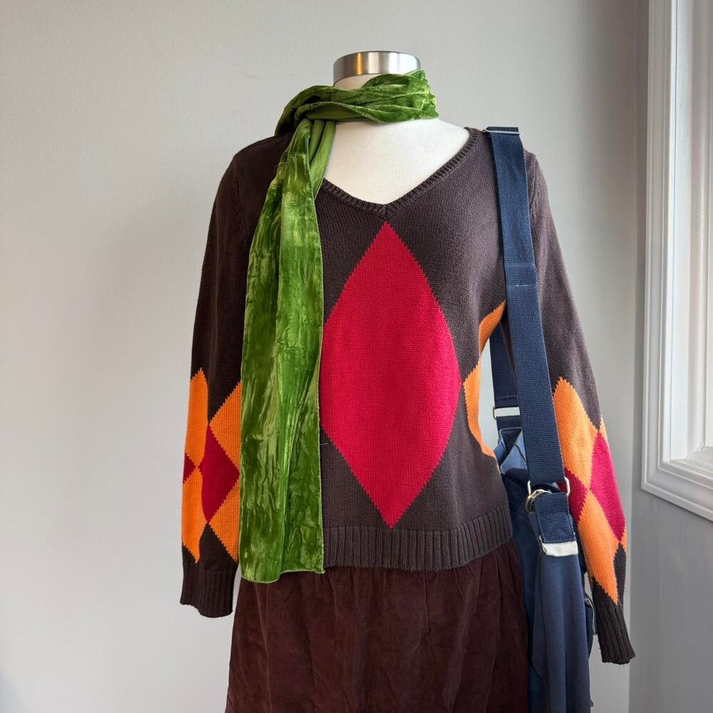 Brown orange and red argyle v-neck sweater